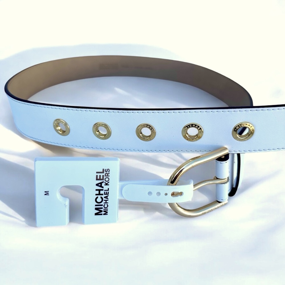 Michael Kors Medium 100% Genuine Leather Belt White Gold Grommets Hardware M New - Picture 8 of 8